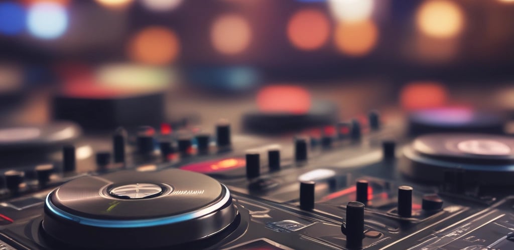 A DJ controller is prominently displayed with illuminated turntables and control knobs, set against a backdrop of vibrant bokeh lights, creating a festive and dynamic atmosphere.