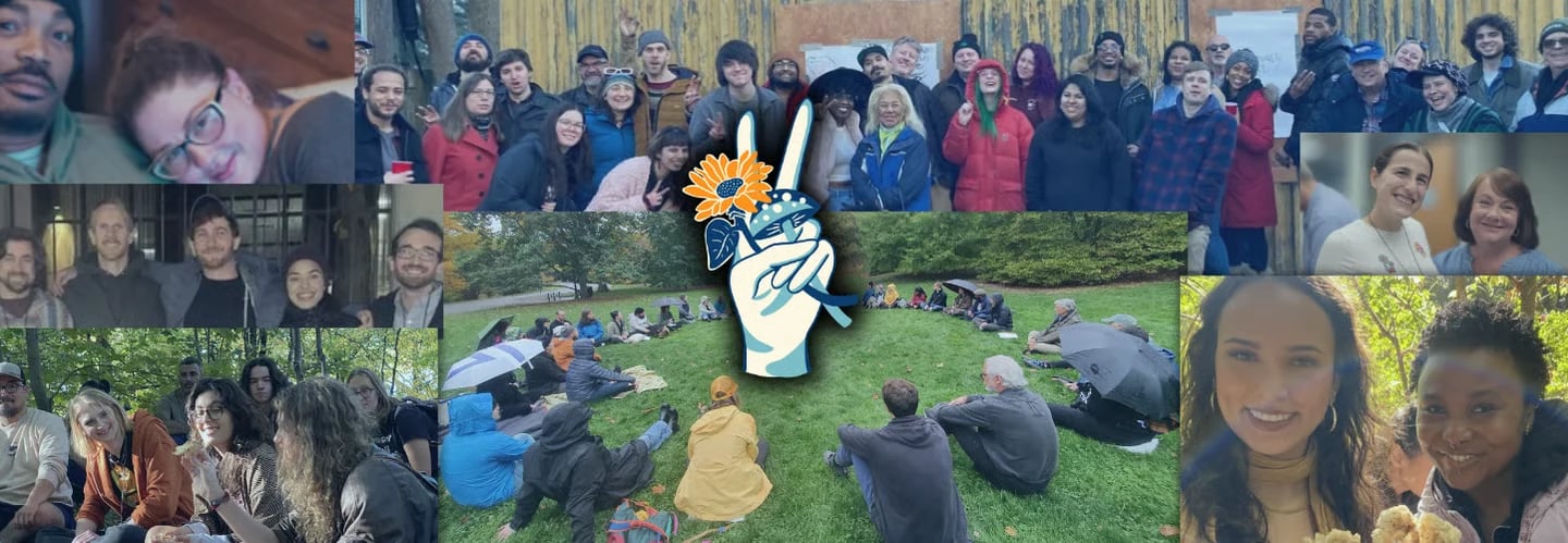 A diverse community group gathering outdoors in nature and sitting in a circle on green grass.