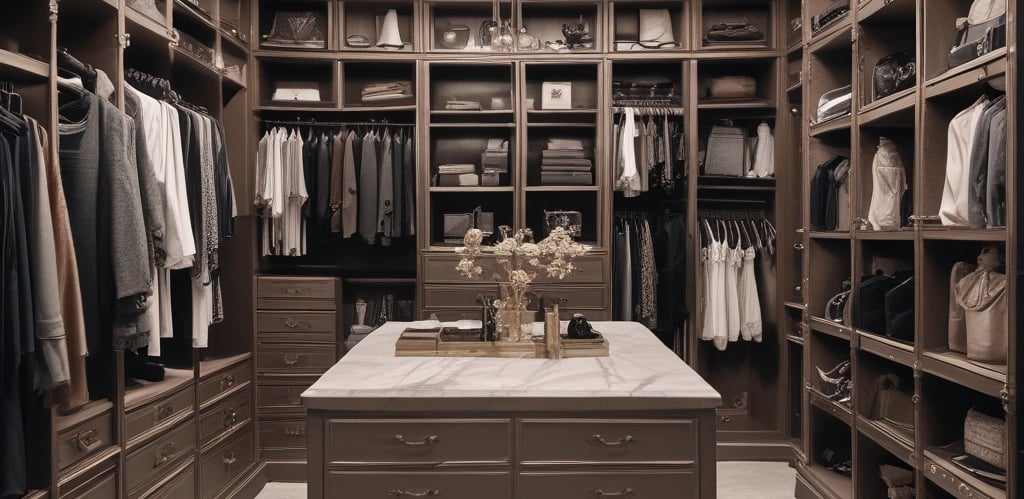a closet with a marble counter top and a marble counter top