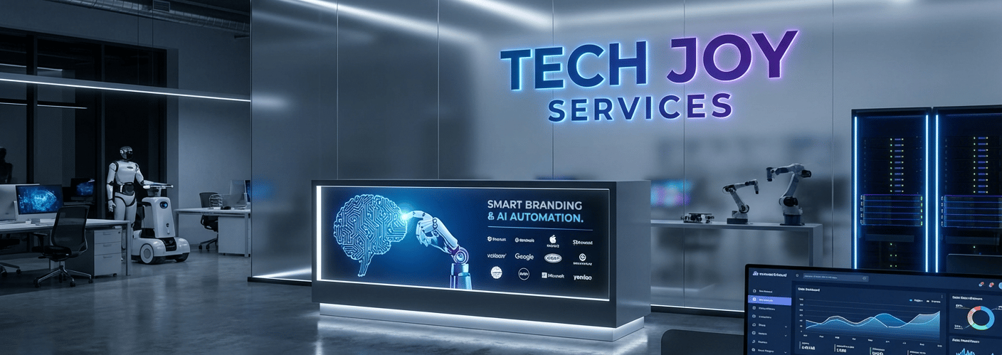 Tech Joy Services office showcasing smart branding, AI automation, robotics, and digital analytics