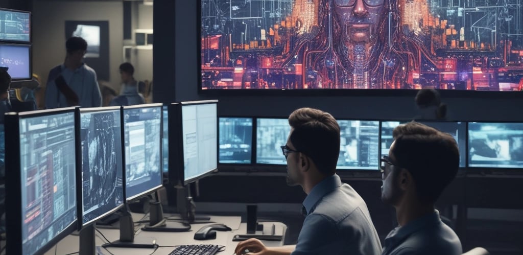 A diverse team collaborating over a laptop with AI graphics on the screen.