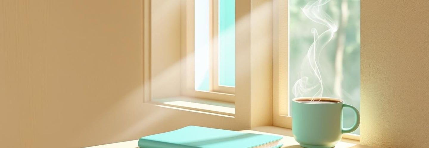 Cuaderno turquesa y taza de café en mesa de madera junto a una ventana con luz natural