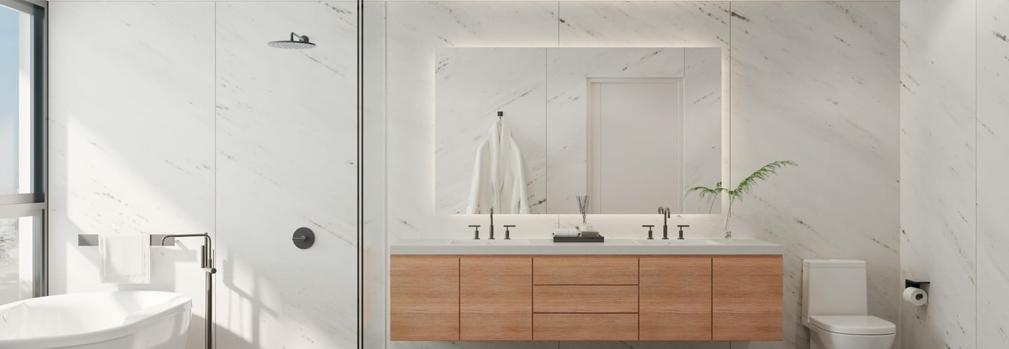 Moderne badkamer met inloopdouche, ligbad en dubbele lavabo, gerealiseerd in regio Leuven en Tienen