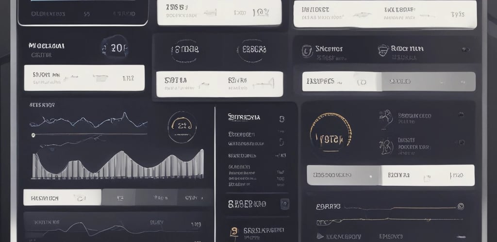 A sleek dark-themed dashboard displaying live market charts and broker ratings with gold accents.