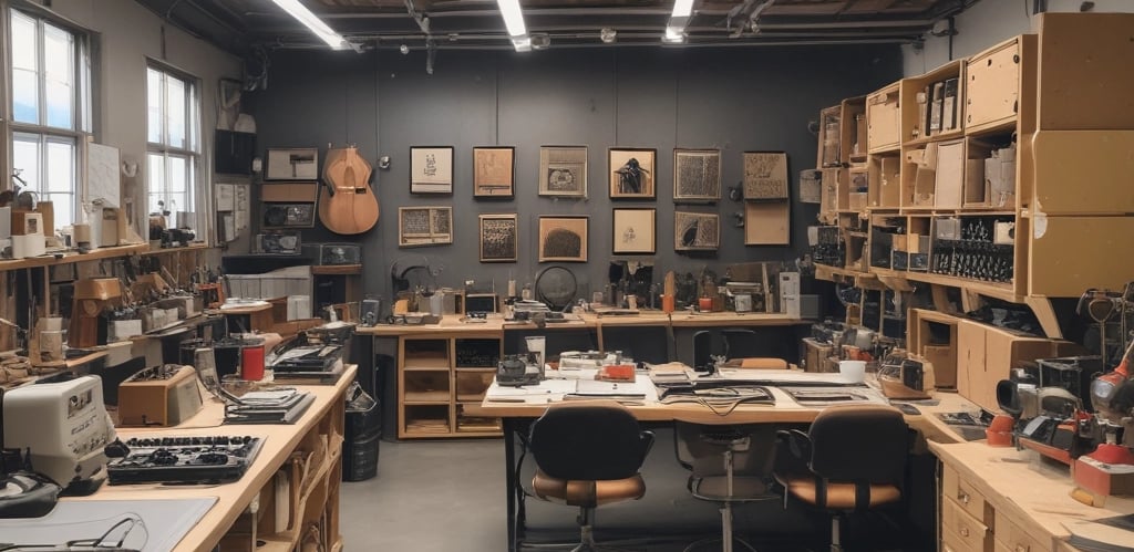 A craftsman carefully assembling a sound panel in a cozy Berlin workshop filled with wood and fabric materials.
