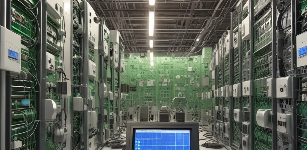 A bright, modern workspace showing technicians installing solar panels and setting up computer networks.