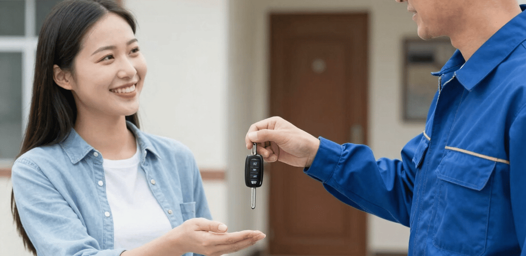A friendly technician performing an oil change on a car parked in a sunny driveway with a fully equipped mobile unit nearby.