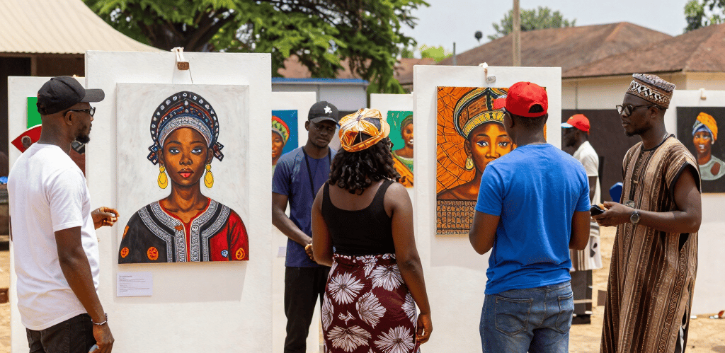 A serene gallery space bathed in natural light, featuring bold African artworks with visitors engaged in thoughtful appreciation.