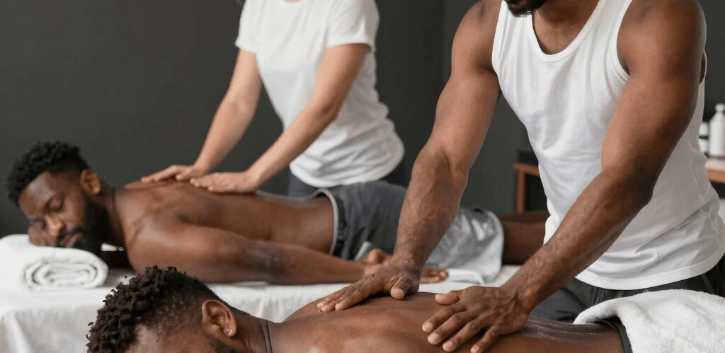A warm, inviting photo of our massage therapists smiling in a serene studio setting.