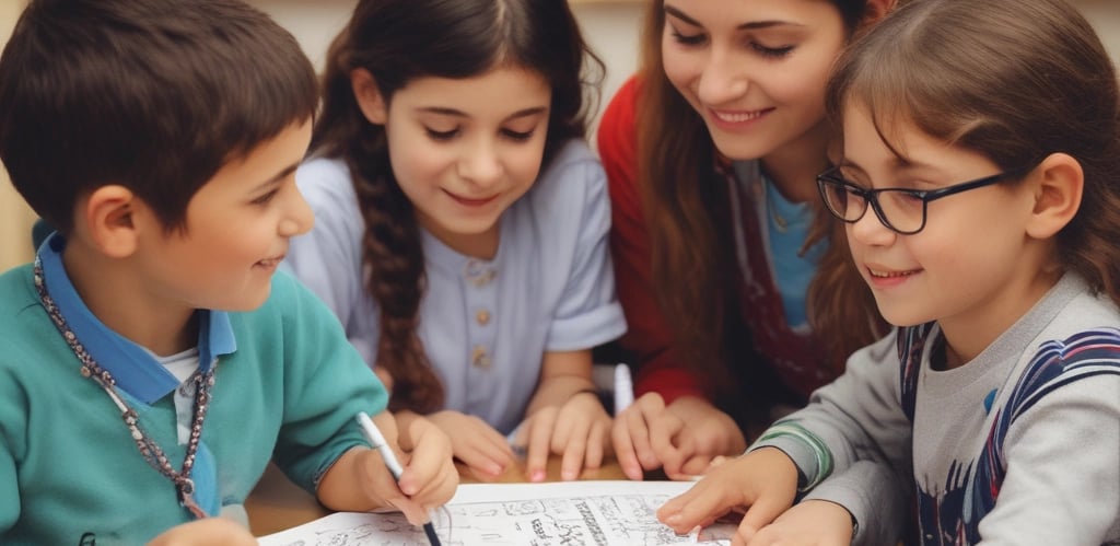A warm classroom scene with diverse students learning Arabic, decorated in green and orange tones.