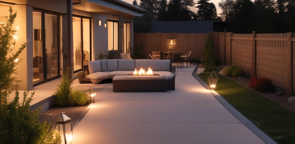 A friendly concrete contractor smiling while smoothing a freshly poured driveway in a sunny suburban neighborhood.