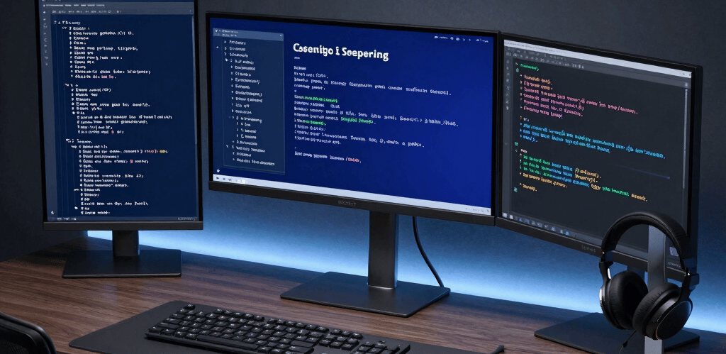 A sleek, modern developer workspace featuring dual monitors, mechanical keyboard, and ambient dark lighting.