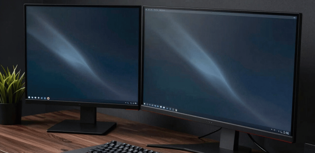 A sleek, modern developer workspace featuring dual monitors, mechanical keyboard, and ambient dark lighting.