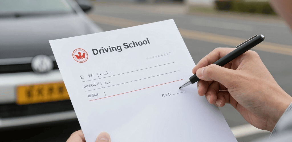 A warm, stylish driving school reception with a friendly woman welcoming a diverse group of learners.