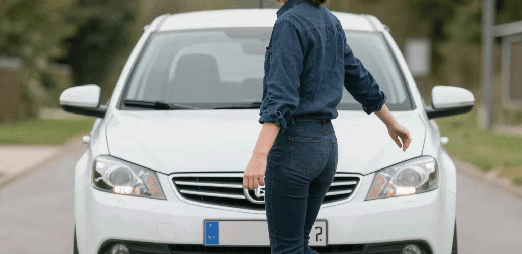 A friendly driving instructor helping a young woman practice driving in a calm suburban street.