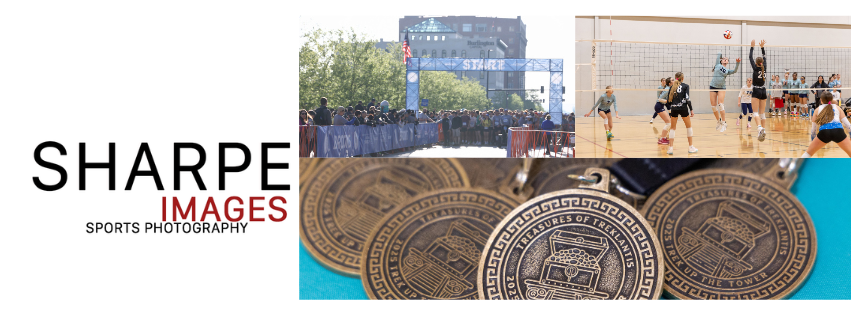 Sharpe Images sports photography banner featuring marathon runners, volleyball action, and custom event medals.