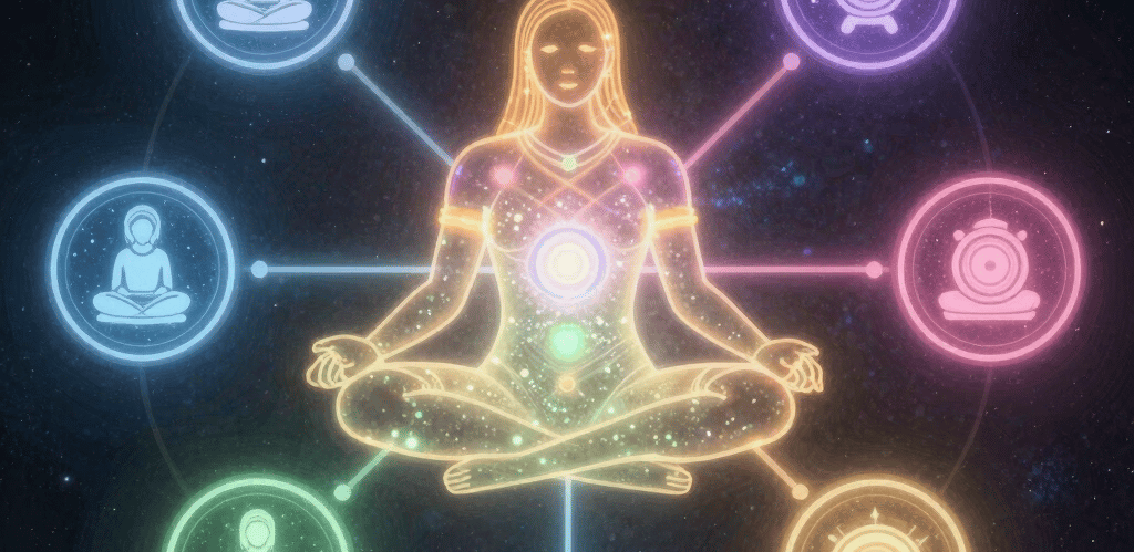 A serene meditation space bathed in soft purple and gold light with aura-like energy waves.