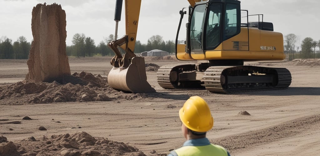 Construction site worker in a safety vest watching a yellow excavator dig soil at a land development project.