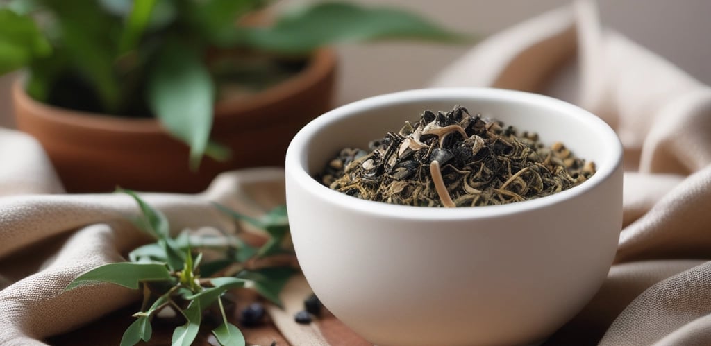 A serene cup of herbal tea surrounded by fresh herbs and soft natural light.