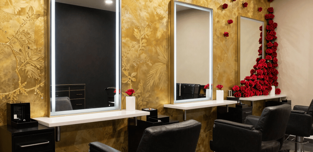 A close-up of a client smiling as a stylist carefully shapes her eyebrows with a gentle touch.