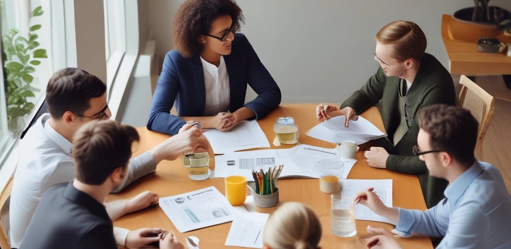 A confident consultant discussing business plans with a small team around a conference table.