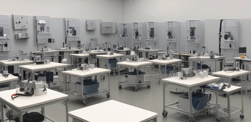 A modern manufacturing facility with automated machinery assembling medical devices.