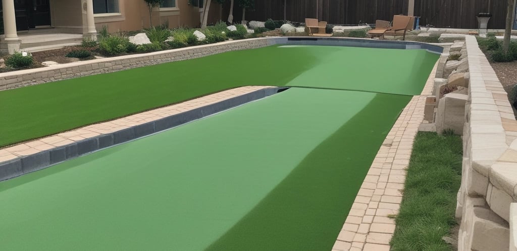 A friendly team member installing pavers in a sunny backyard with lush green turf nearby.