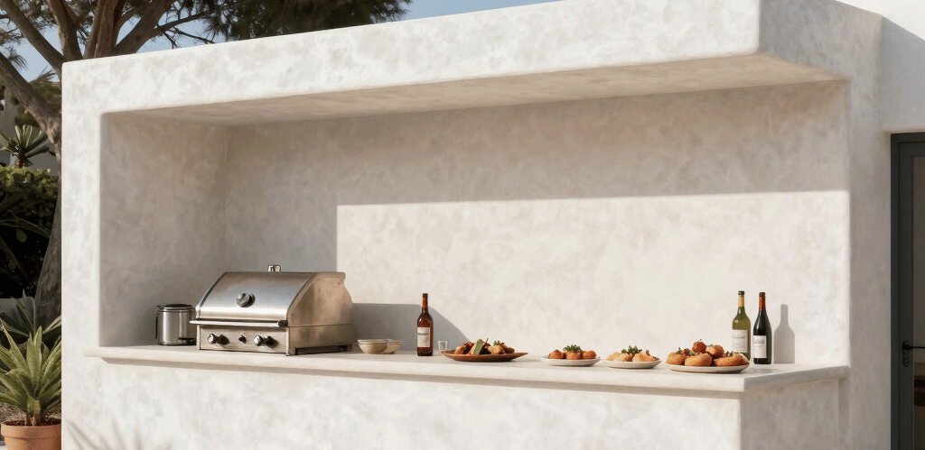 Close-up of a craftsman applying Venetian plaster with a trowel, highlighting the smooth, luxurious texture.
