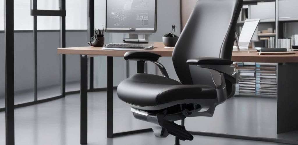 A cozy home office setup featuring an ergonomic chair with lumbar support and natural light streaming in.