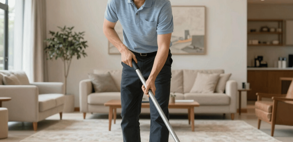 A friendly Kleen and Tidy team member smiling while carefully cleaning a cozy living room.