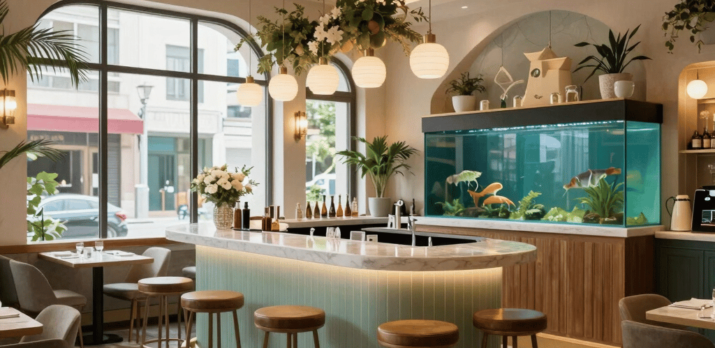Modern luxury bar interior with a marble counter, stool seating, and a large fish tank aquarium.