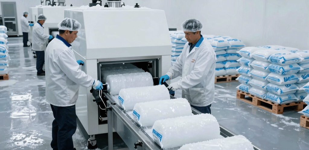 Photo of a delivery truck loaded with bags of ice in front of the Hielito production facility on a clear day.