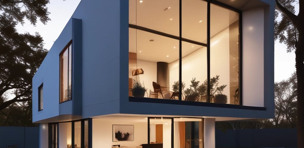 Modern prefabricated metal structure house surrounded by greenery under a clear sky.