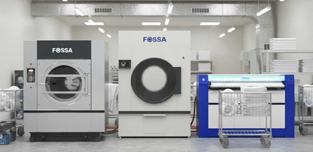Industrial laundry room featuring Fossa professional washing machines and dryer equipment.