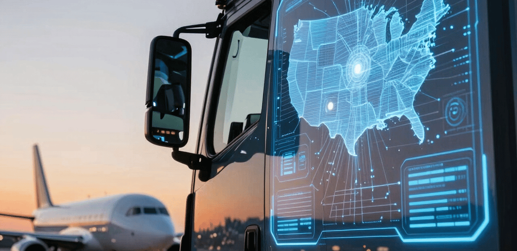 A warm, sunlit farm landscape with digital data overlays symbolizing the fusion of agriculture and technology.