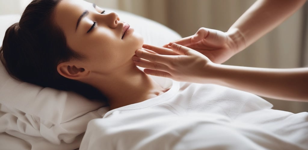 A tranquil healing room bathed in soft blue and green light with comfortable seating for therapy sessions.