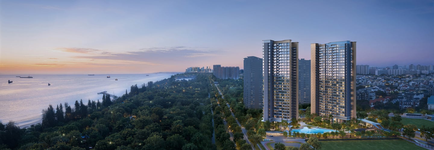 Luxury high-rise residential apartments at twilight overlooking a lush coastal park and ocean sunset.