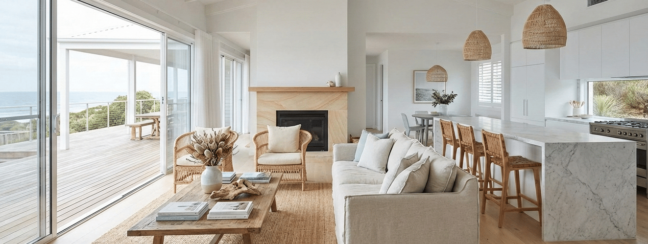Modern coastal living room with white vaulted ceilings, marble kitchen island, and ocean view deck.