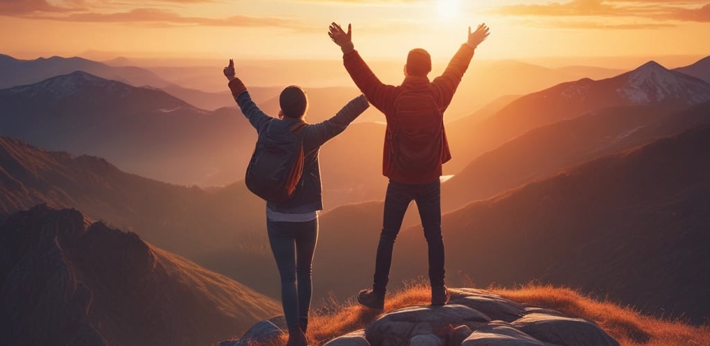 A vibrant photo of a smiling person standing on a mountain peak at sunrise, arms wide open embracing freedom.