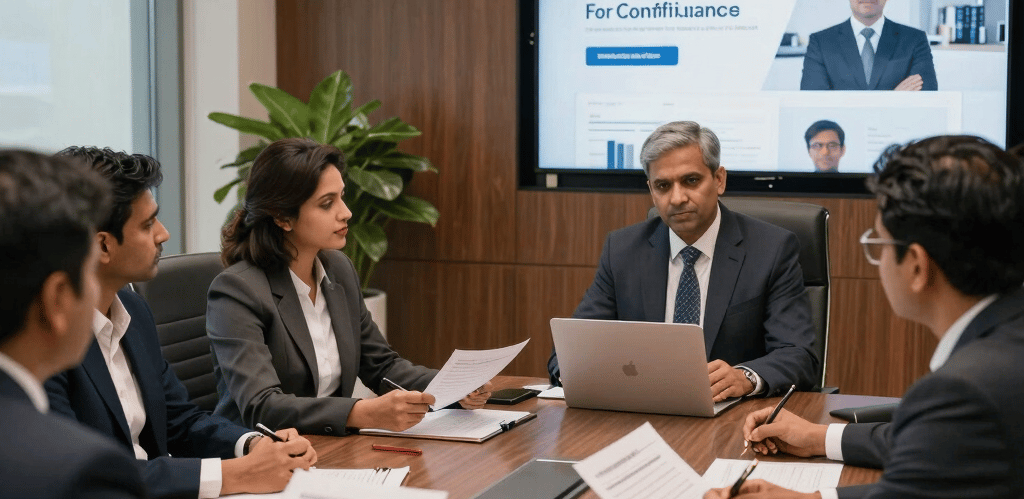 Indian professionals engaged in a focused discussion around a conference table in a modern corporate office.