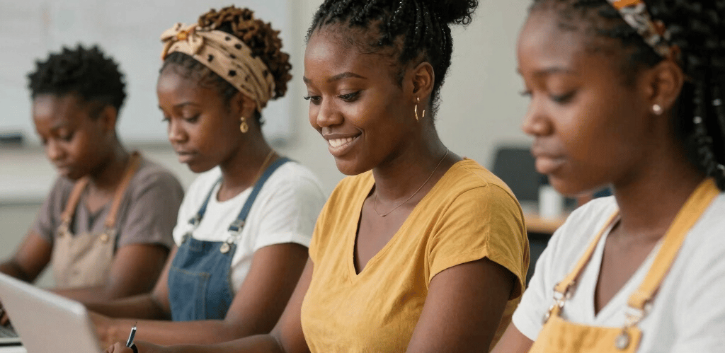 A diverse group of African diaspora members engaged in a lively discussion around a table.