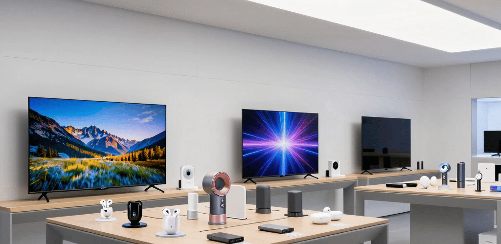 Modern warehouse with rows of electronics ready for shipment across Europe.