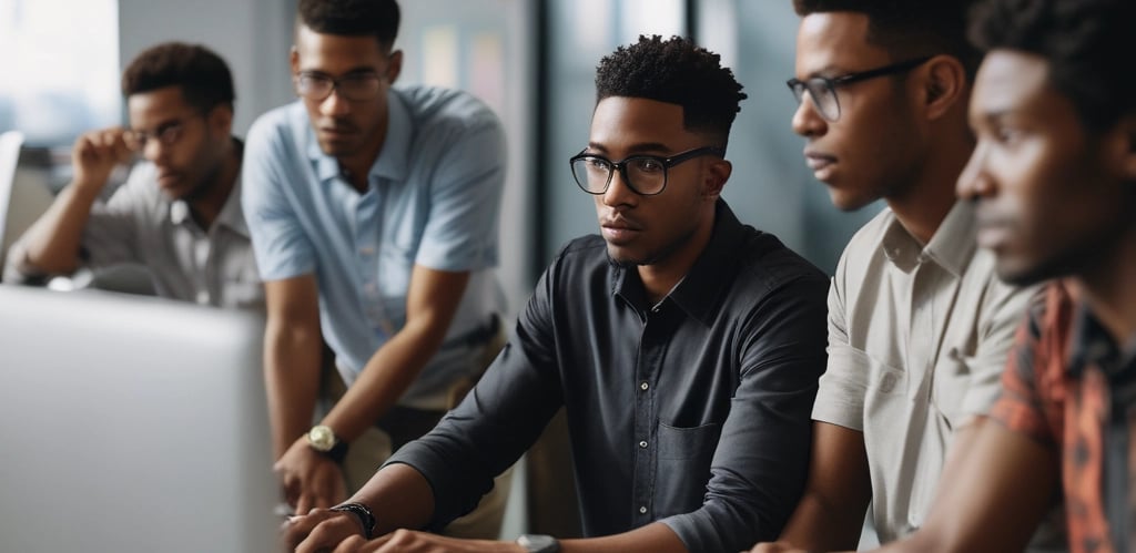 A professional team collaborating in a modern office with bold orange and blue accents.