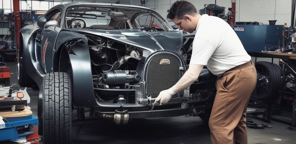 A bustling automotive shop filled with mechanics working diligently on various vehicles using advanced equipment.
