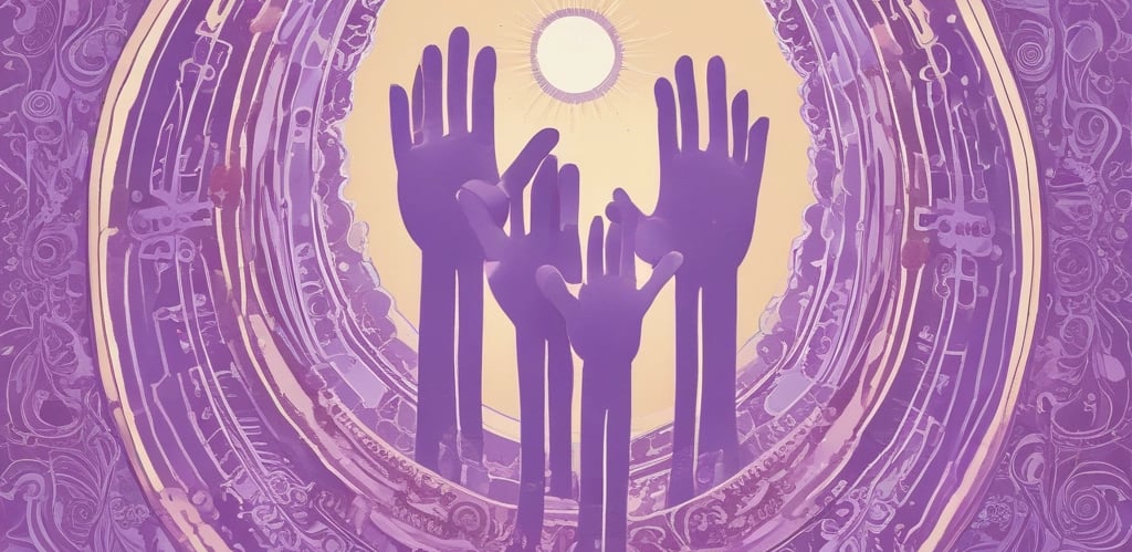 A soft purple ribbon gently wrapped around hands held in prayer, symbolizing faith and support for lupus warriors.