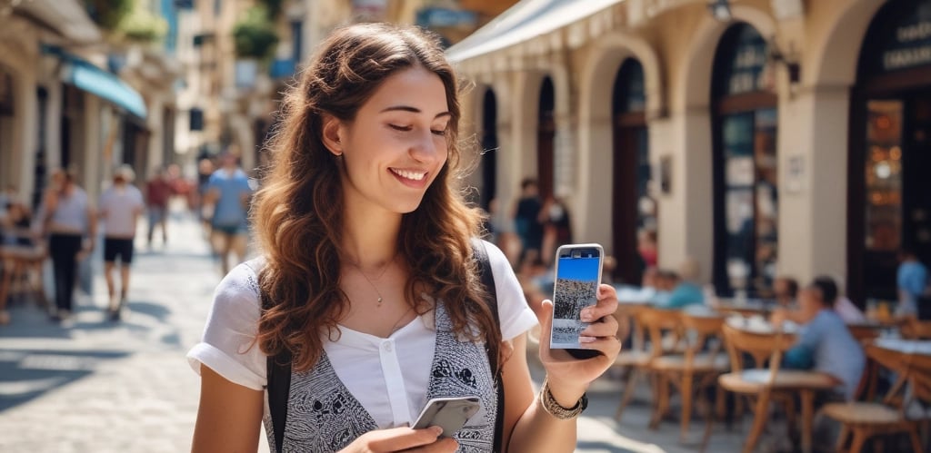 A friendly Airbnb host handing a guest a card with a QR code against a sunny Greek village backdrop.