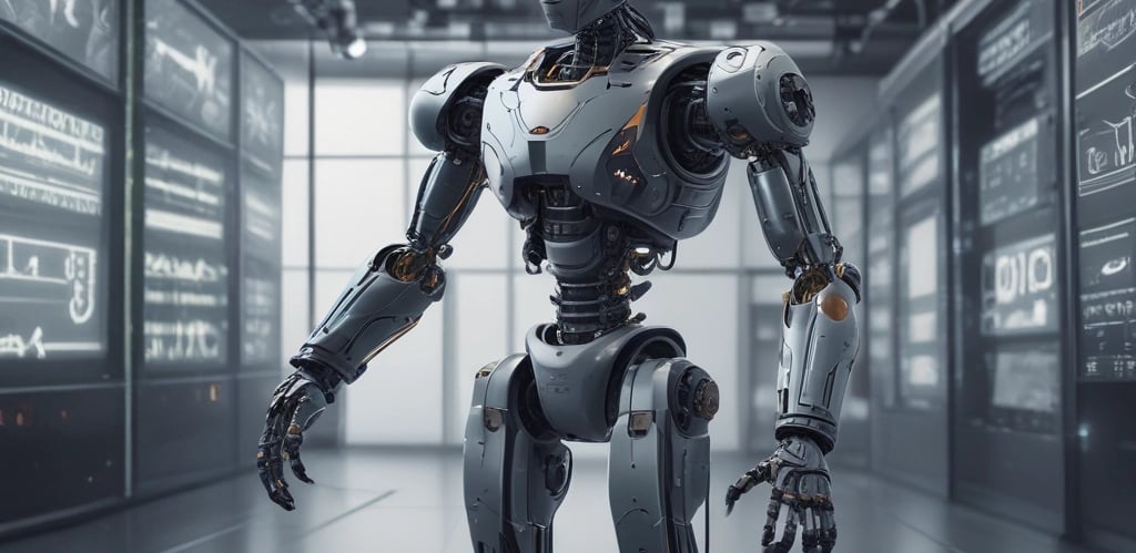 A sleek robotic arm working alongside a human engineer in a modern tech lab.