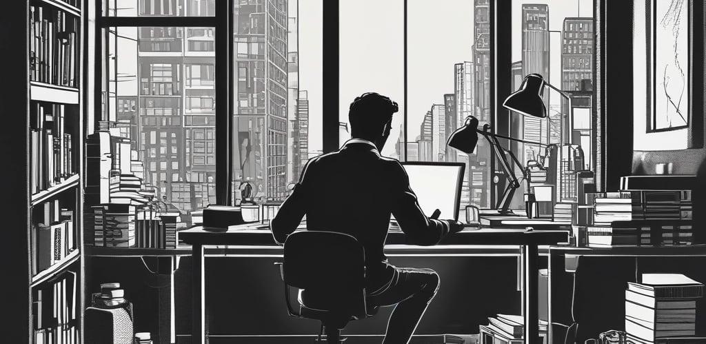 Black and white illustration of a man working at a desk in a home office overlooking a city skyline.