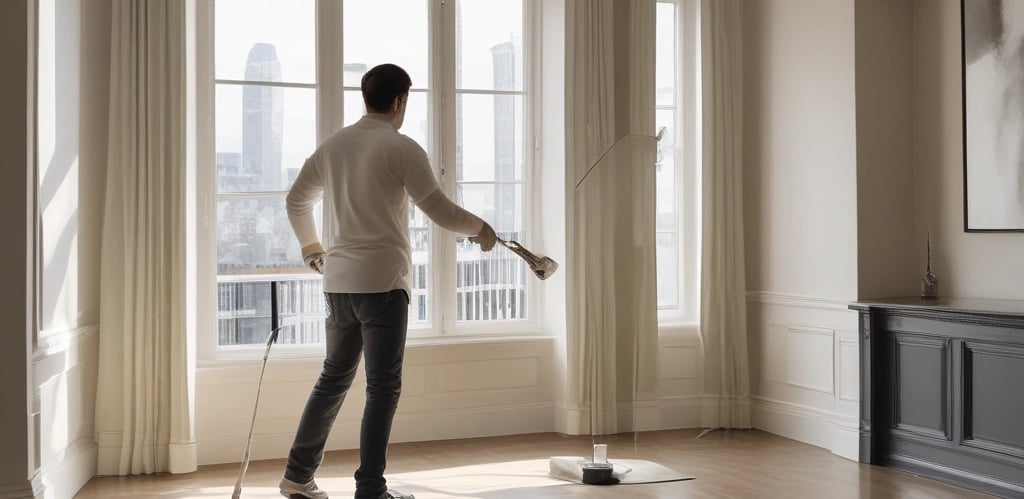 A skilled team member painting the exterior of a residential building on a sunny day.