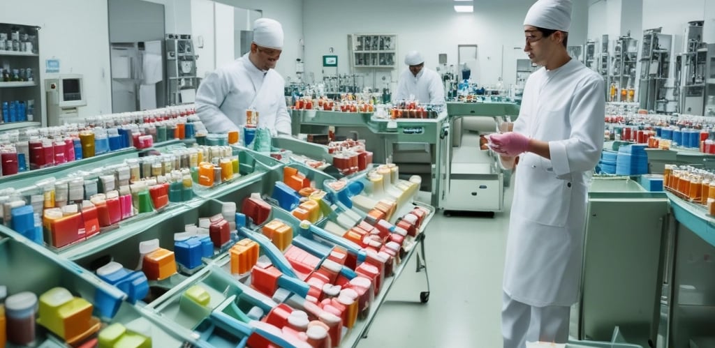 Photo of a modern pharmaceutical manufacturing facility with workers in protective gear.
